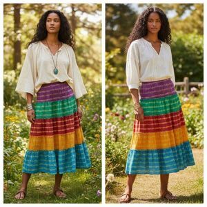 Vintage Lauren Ralph Lauren Multicolor Tie Dye Tiered Crinkle Festival Skirt 1X